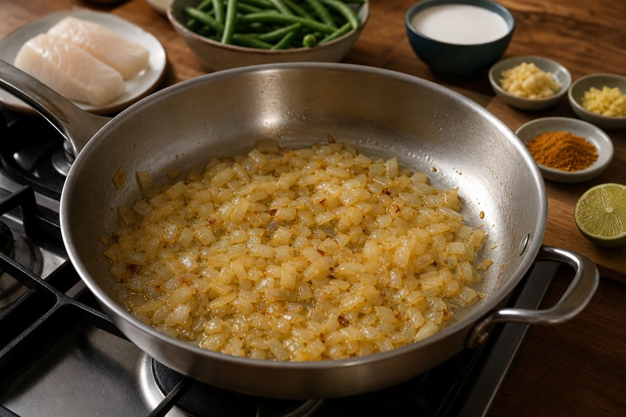 Coconut Cod Curry with Green Beans and Lime Rice cooking step 3: Soften the onion.