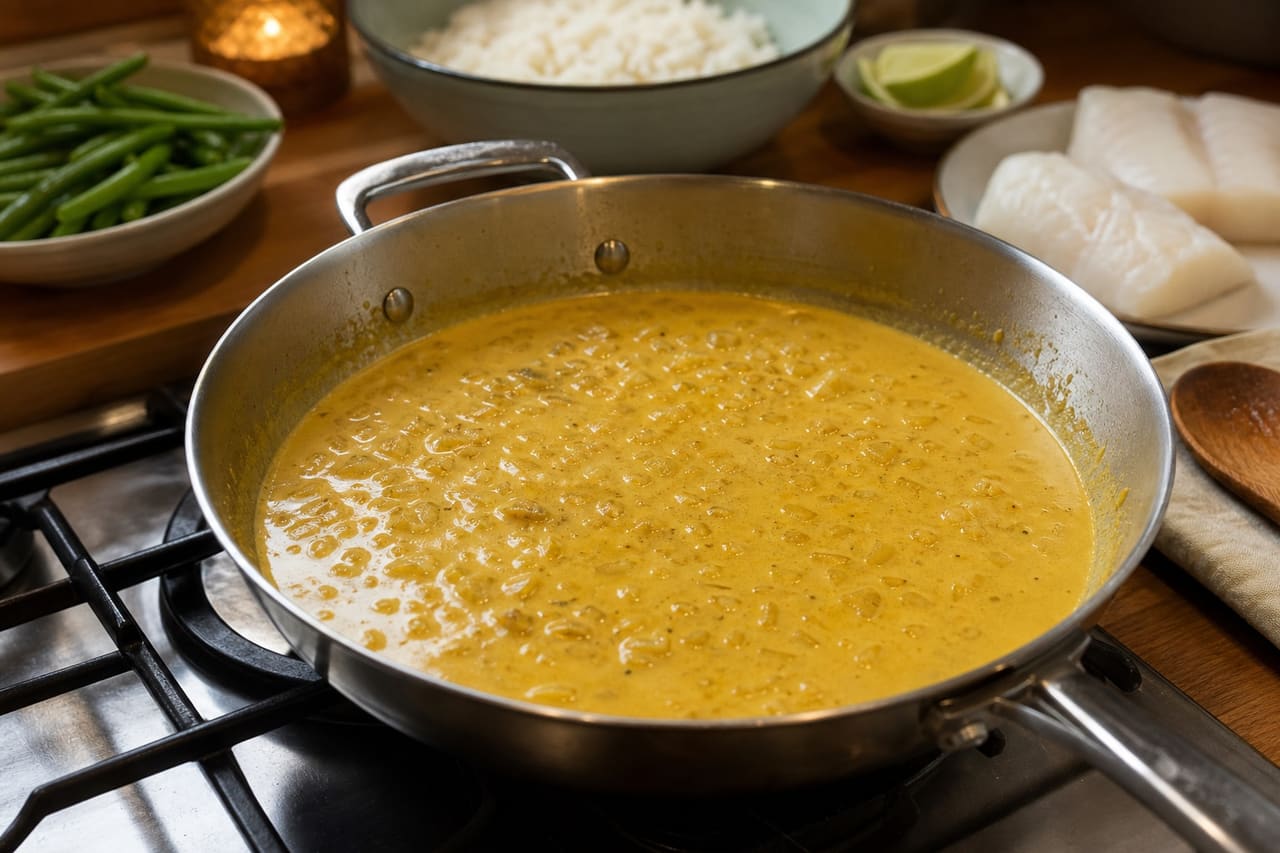 Coconut Cod Curry with Green Beans and Lime Rice cooking step 4: Build the curry sauce.