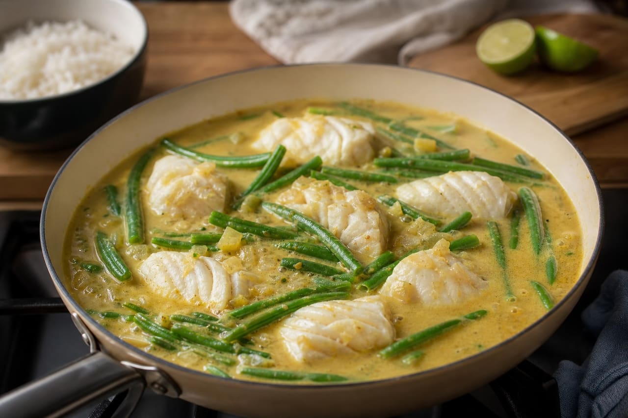 Coconut Cod Curry with Green Beans and Lime Rice cooking step 5: Poach the fish and beans.