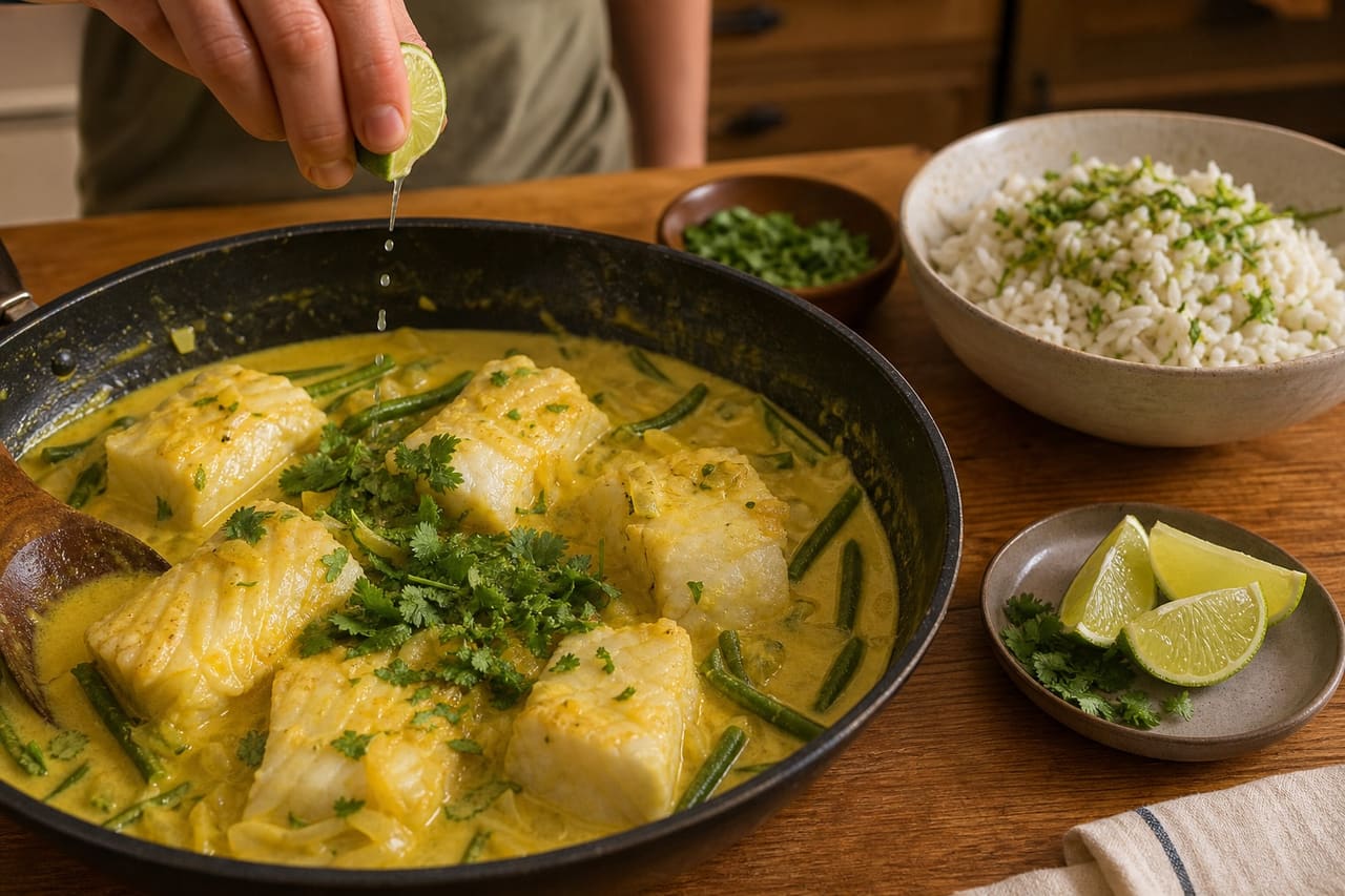 Coconut Cod Curry with Green Beans and Lime Rice cooking step 6: Finish with lime.
