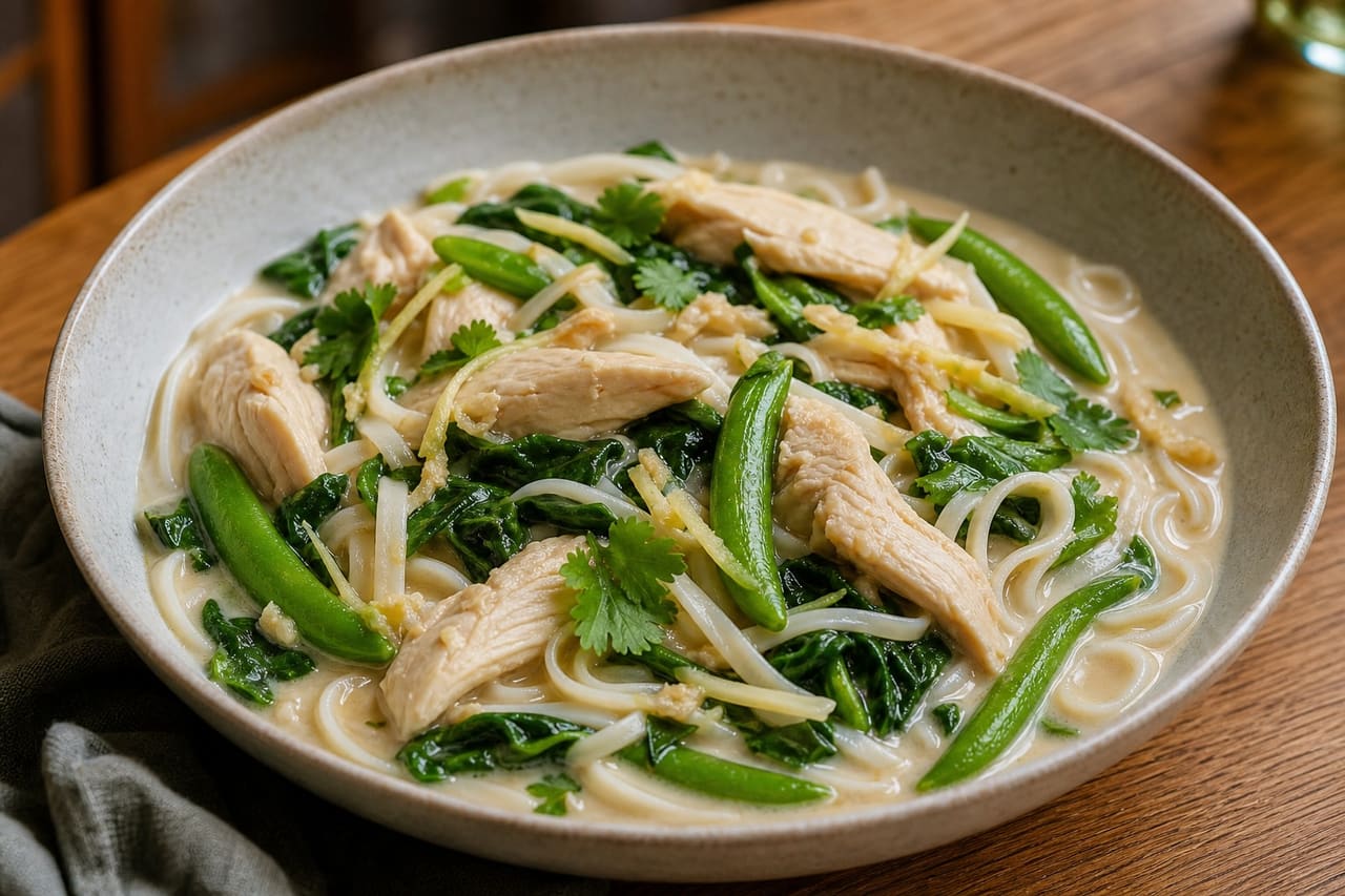 Coconut Ginger Chicken Noodle Bowls with Spinach and Sugar Snaps.