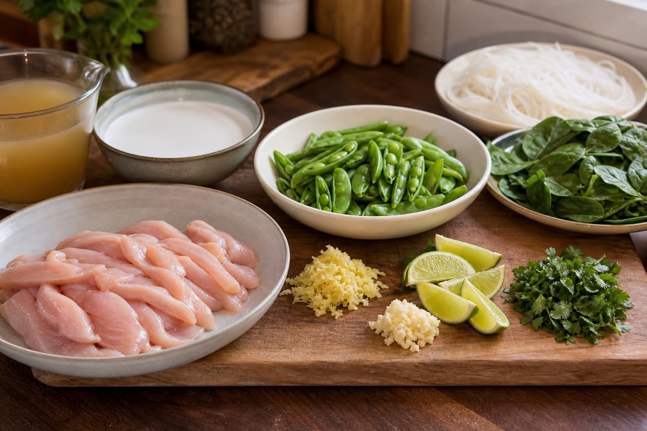 Coconut Ginger Chicken Noodle Bowls with Spinach and Sugar Snaps cooking step 1: Prepare the bowl ingredients.