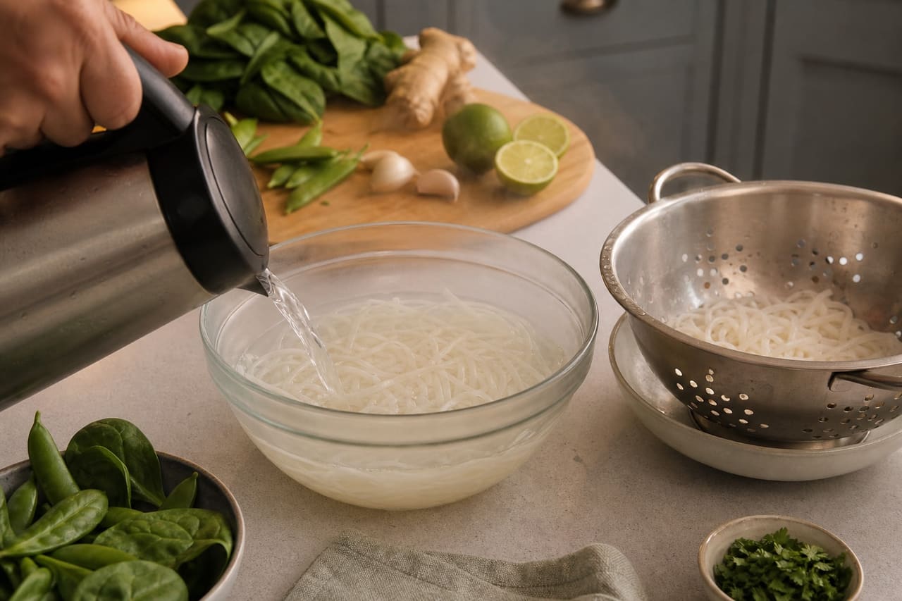 Coconut Ginger Chicken Noodle Bowls with Spinach and Sugar Snaps cooking step 4: Soften the noodles.