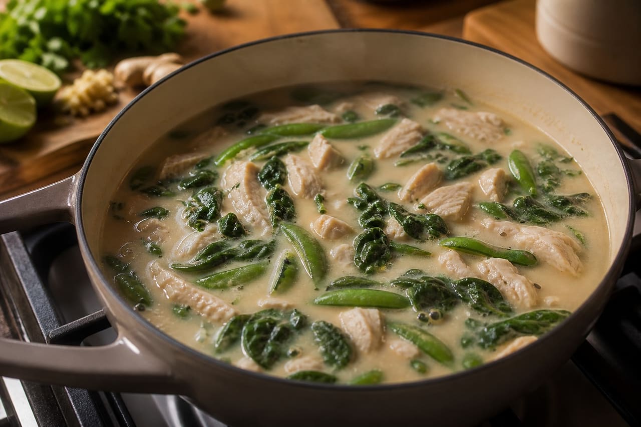 Coconut Ginger Chicken Noodle Bowls with Spinach and Sugar Snaps cooking step 5: Cook the greens.