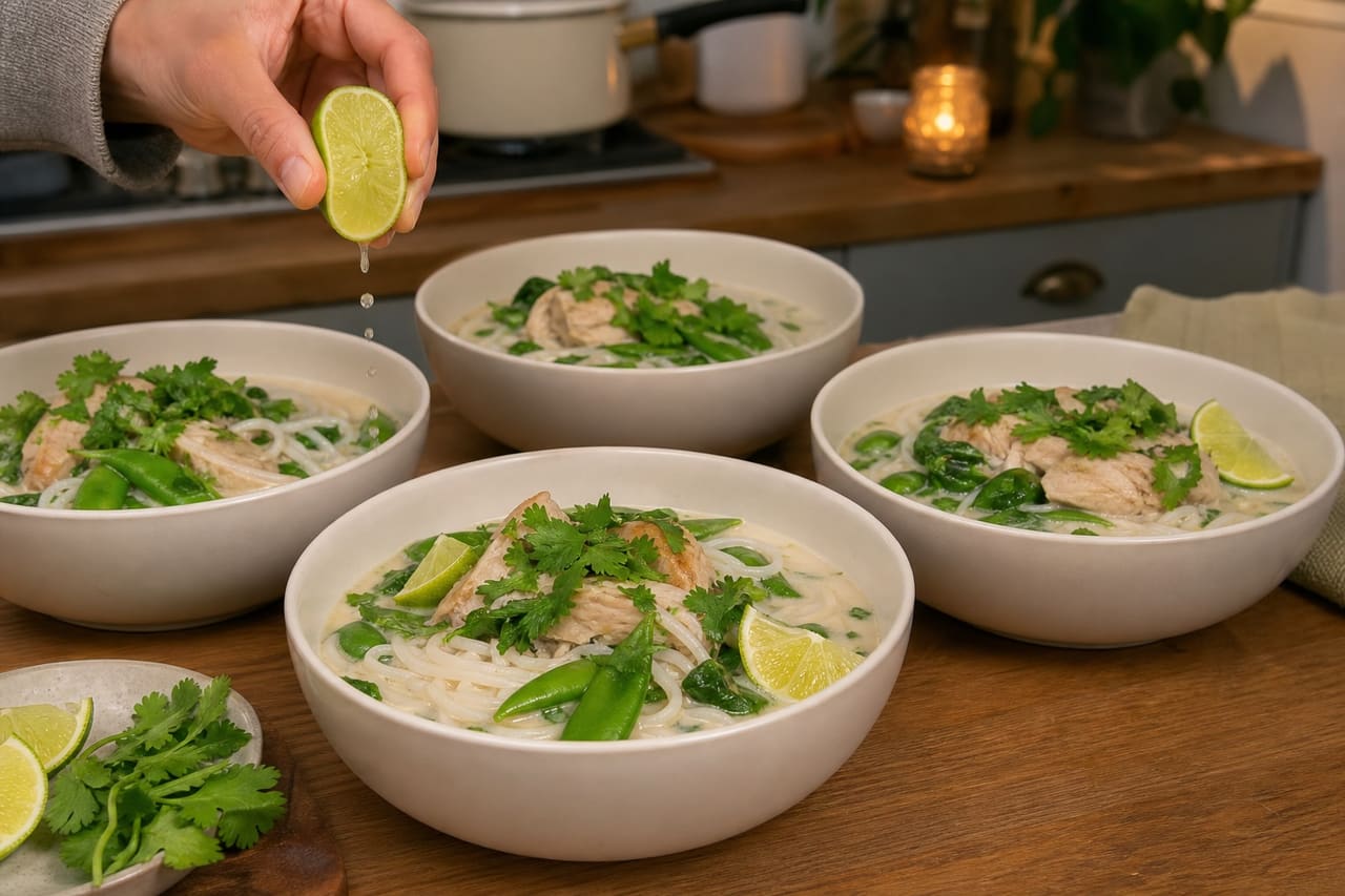 Coconut Ginger Chicken Noodle Bowls with Spinach and Sugar Snaps cooking step 6: Finish the noodle bowls.