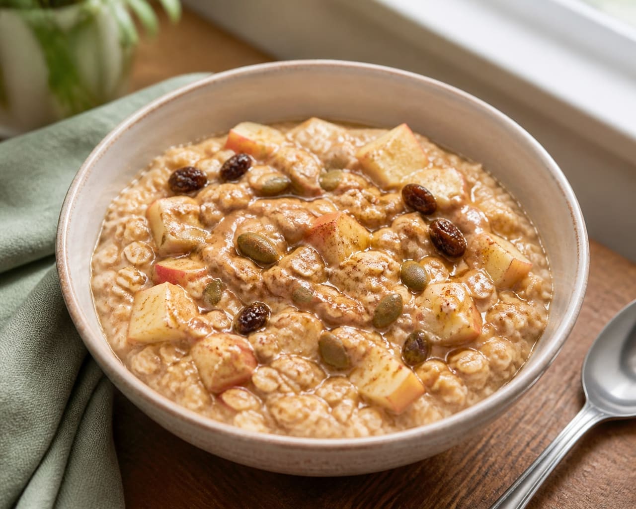 Creamy Apple Peanut Porridge with Cinnamon Raisins.