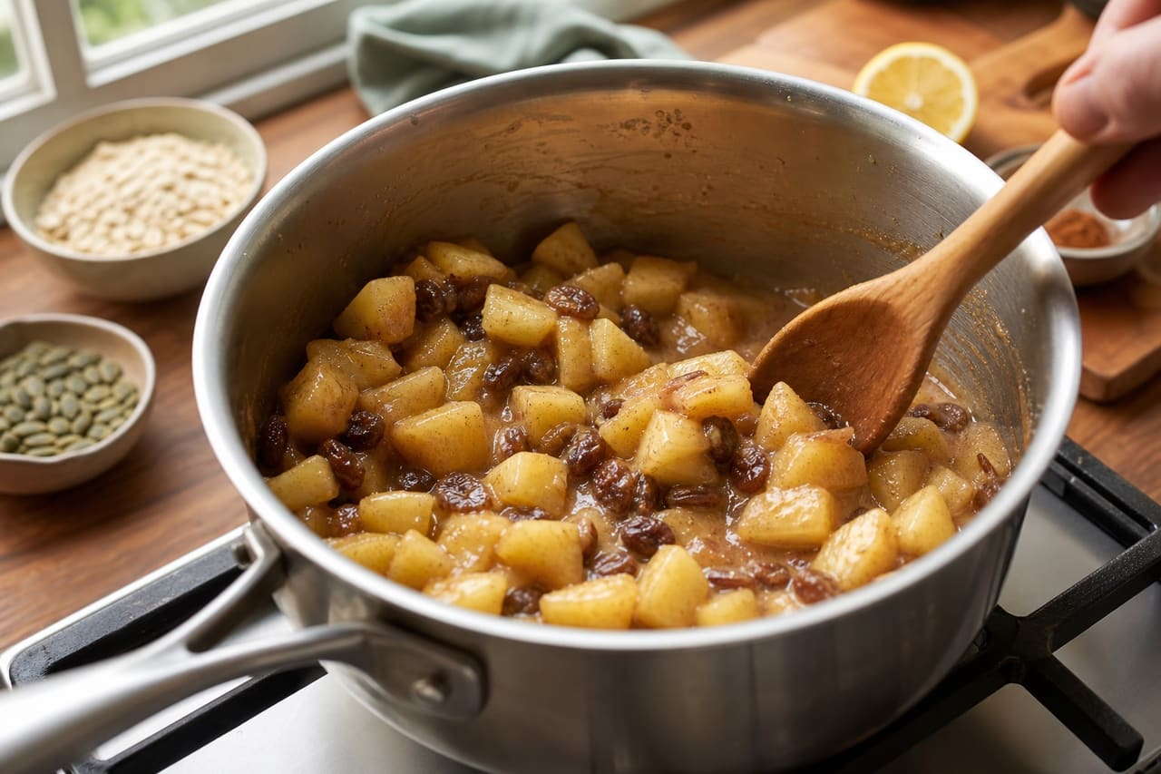 Creamy Apple Peanut Porridge with Cinnamon Raisins cooking step 2: Soften the apples.