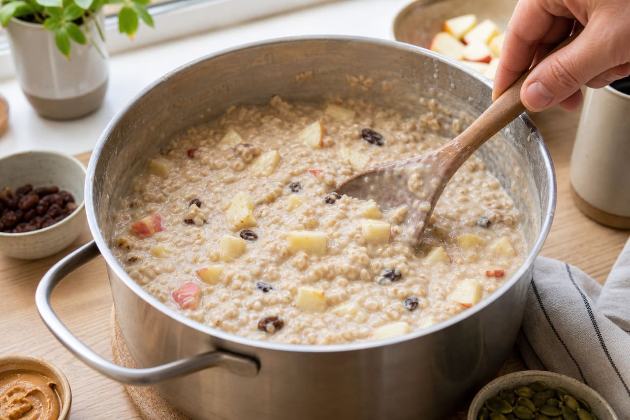 Creamy Apple Peanut Porridge with Cinnamon Raisins cooking step 3: Cook the porridge.