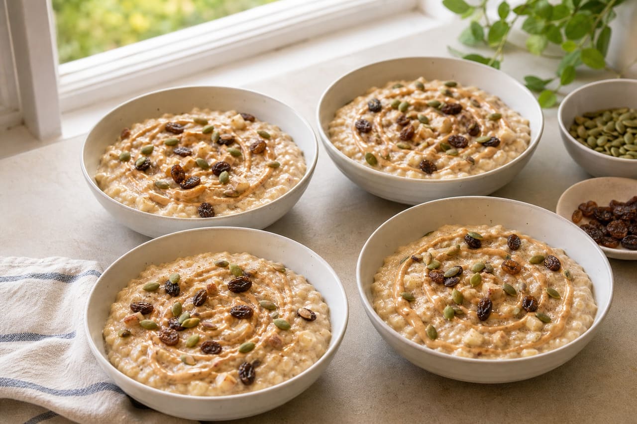 Creamy Apple Peanut Porridge with Cinnamon Raisins cooking step 5: Spoon into bowls.
