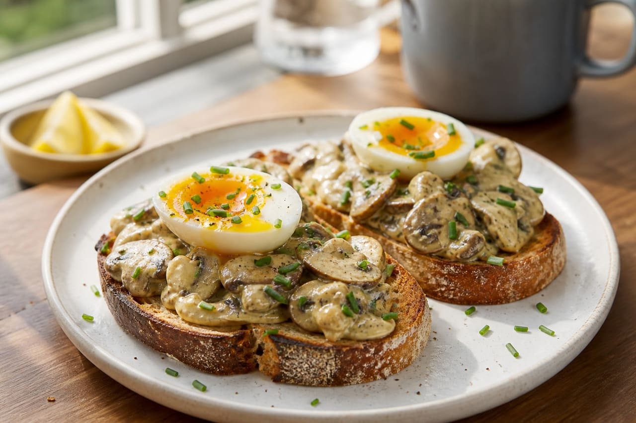 Creamy Mustard Mushroom Breakfast Toasts with Chives.