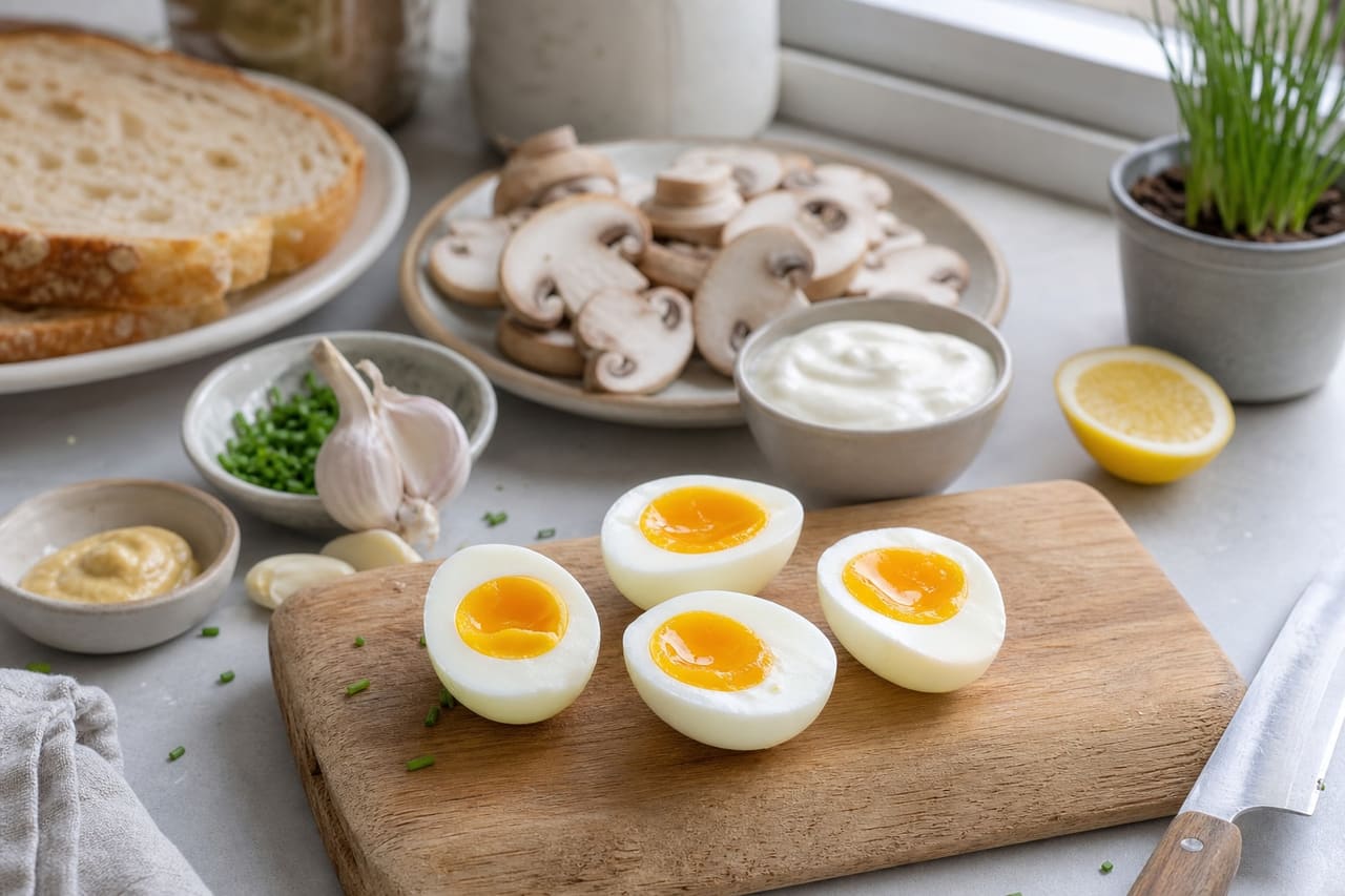 Creamy Mustard Mushroom Breakfast Toasts with Chives cooking guide image for cook the eggs.