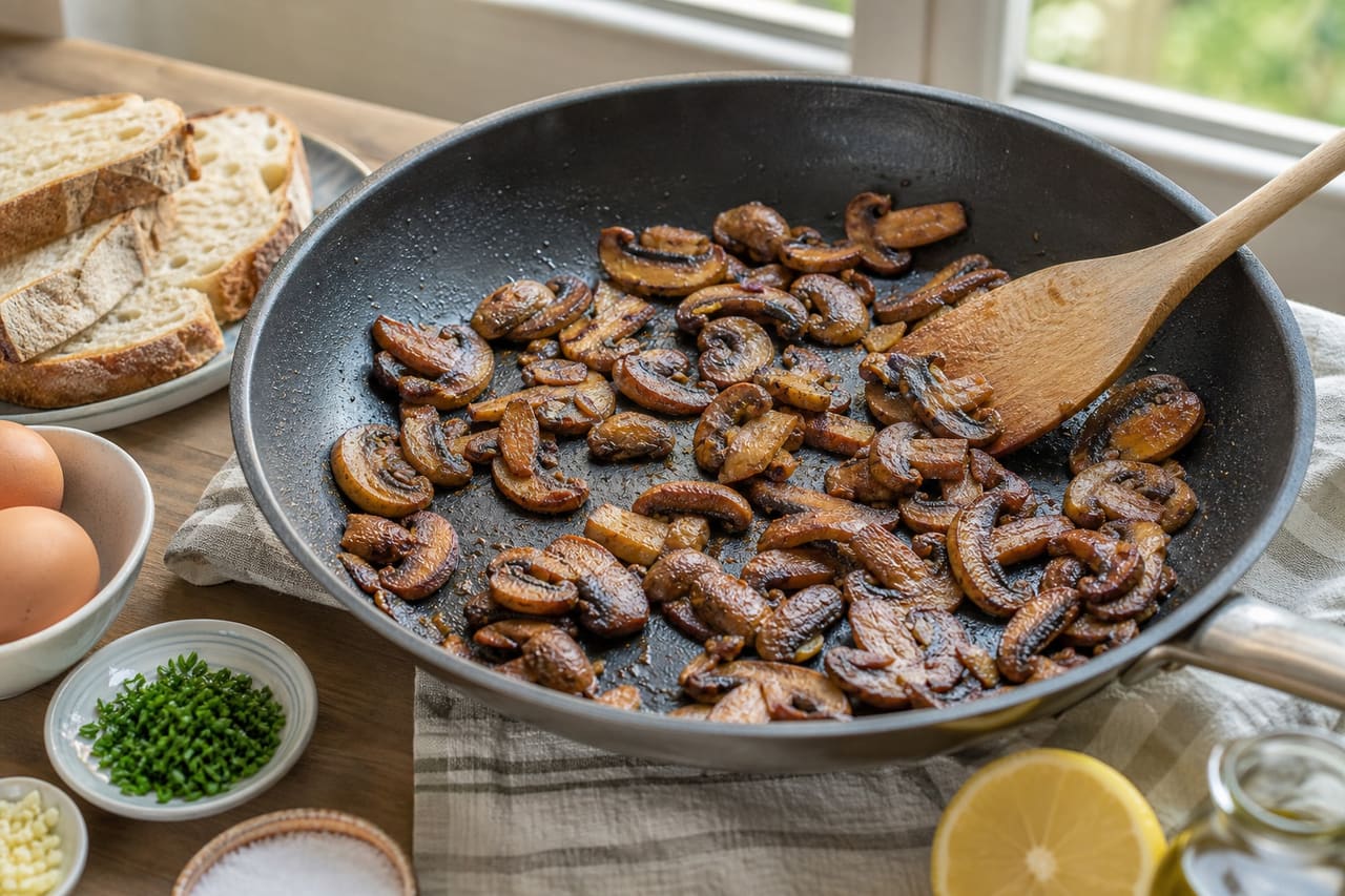 Creamy Mustard Mushroom Breakfast Toasts with Chives cooking guide image for brown the mushrooms.