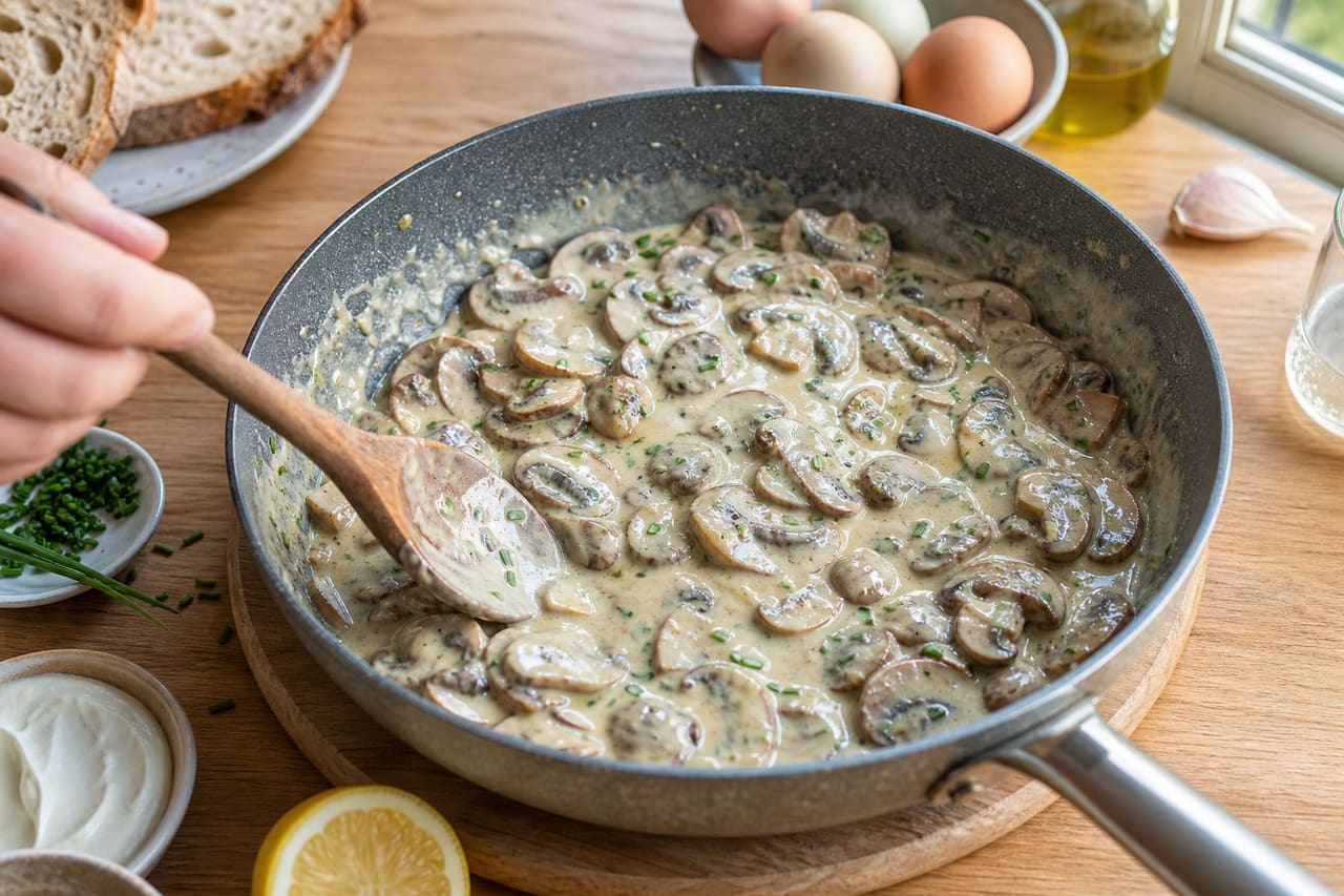 Creamy Mustard Mushroom Breakfast Toasts with Chives cooking guide image for make the mustard cream.