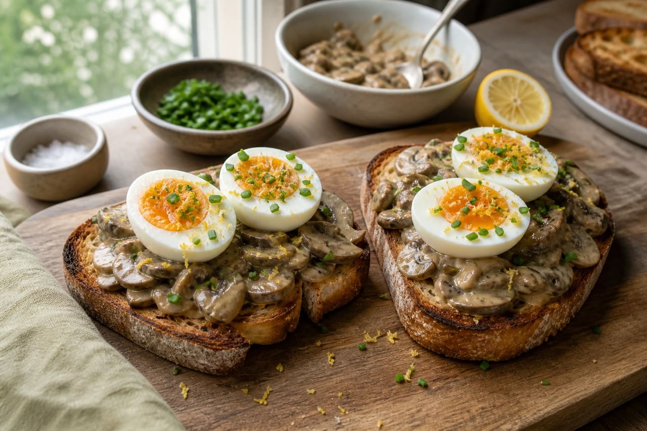Creamy Mustard Mushroom Breakfast Toasts with Chives cooking guide image for toast and assemble.