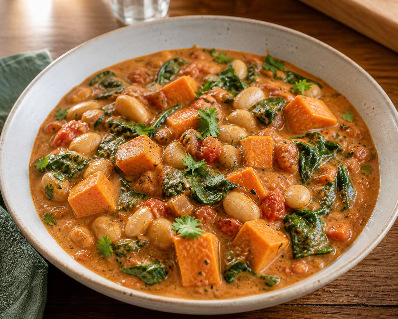 Creamy Peanut Sweet Potato Butter Bean Stew with Spinach.
