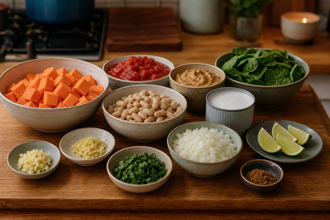 Creamy Peanut Sweet Potato Butter Bean Stew with Spinach cooking step 1: Prepare the stew.