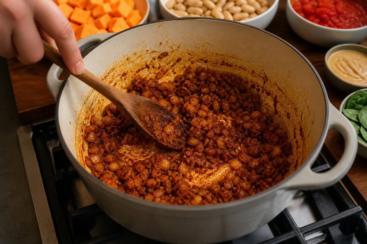 Creamy Peanut Sweet Potato Butter Bean Stew with Spinach cooking step 3: Bloom the spices.
