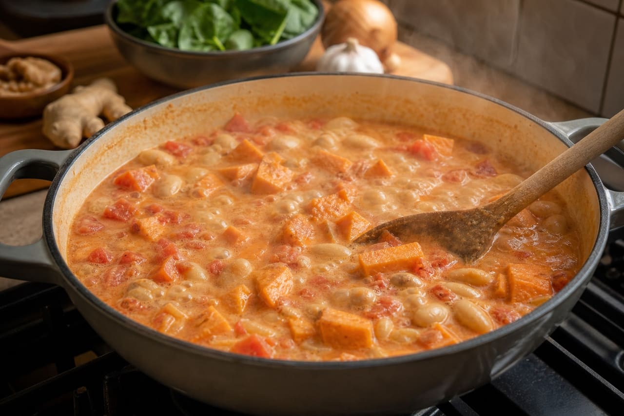 Creamy Peanut Sweet Potato Butter Bean Stew with Spinach cooking step 4: Simmer the sweet potato.