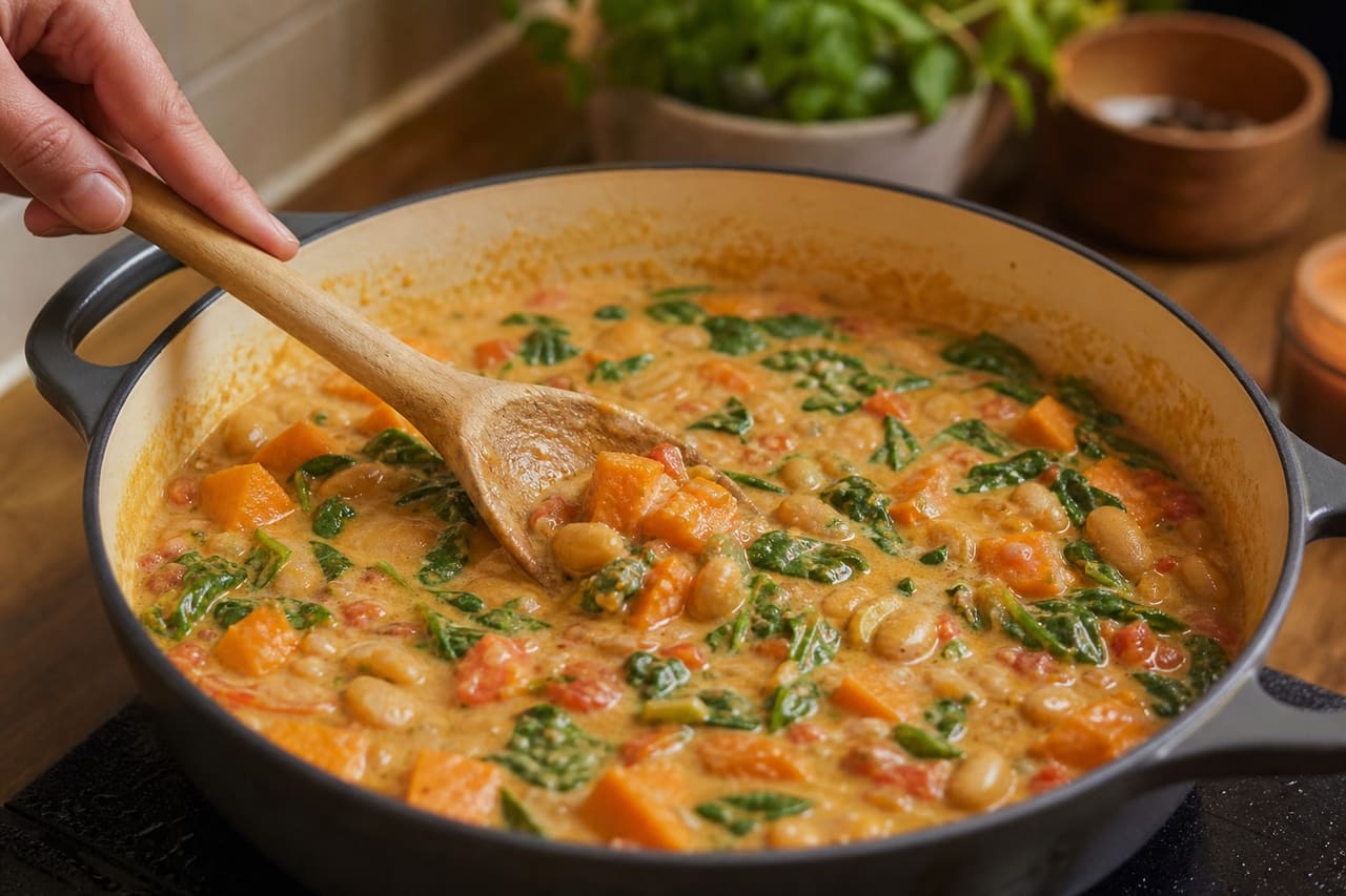 Creamy Peanut Sweet Potato Butter Bean Stew with Spinach cooking step 5: Make the stew creamy.