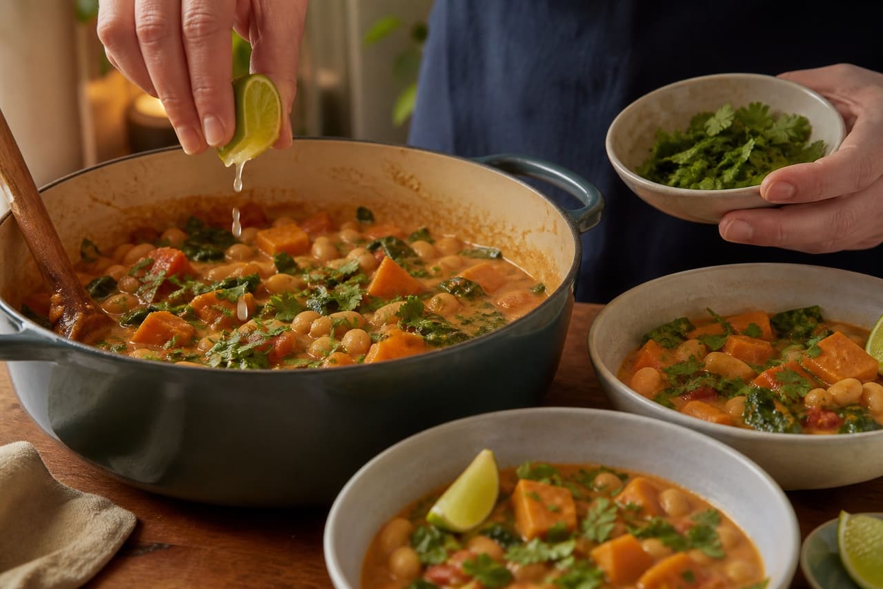 Creamy Peanut Sweet Potato Butter Bean Stew with Spinach cooking step 6: Brighten and serve.