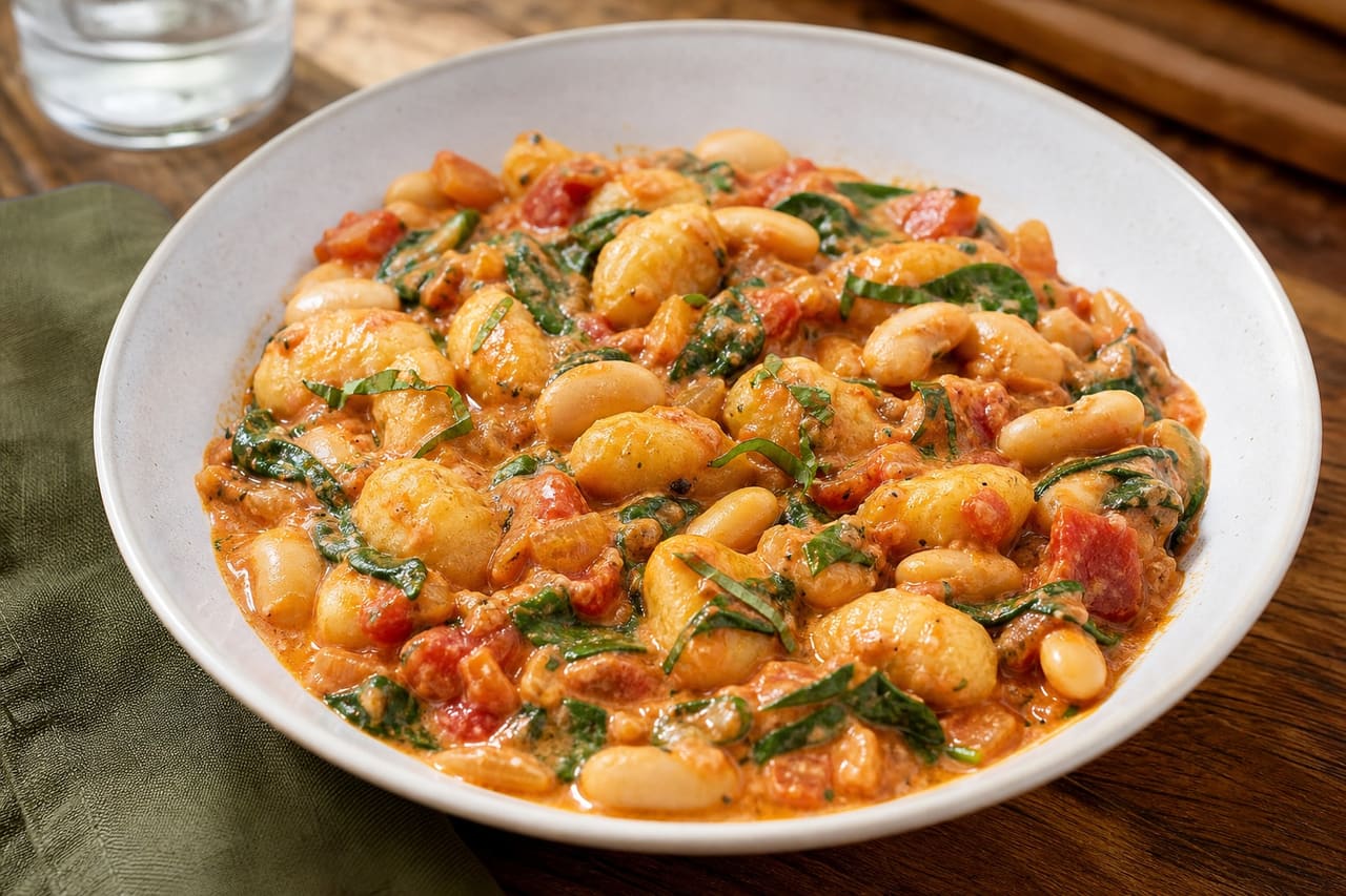 Creamy tomato and butter bean gnocchi with spinach and basil.