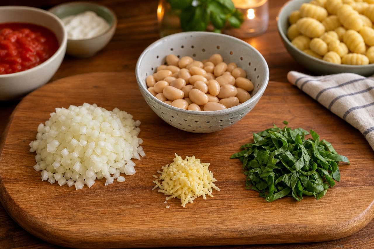 Creamy Tomato Butter Bean Gnocchi with Spinach and Basil cooking step 1: Prepare the base.