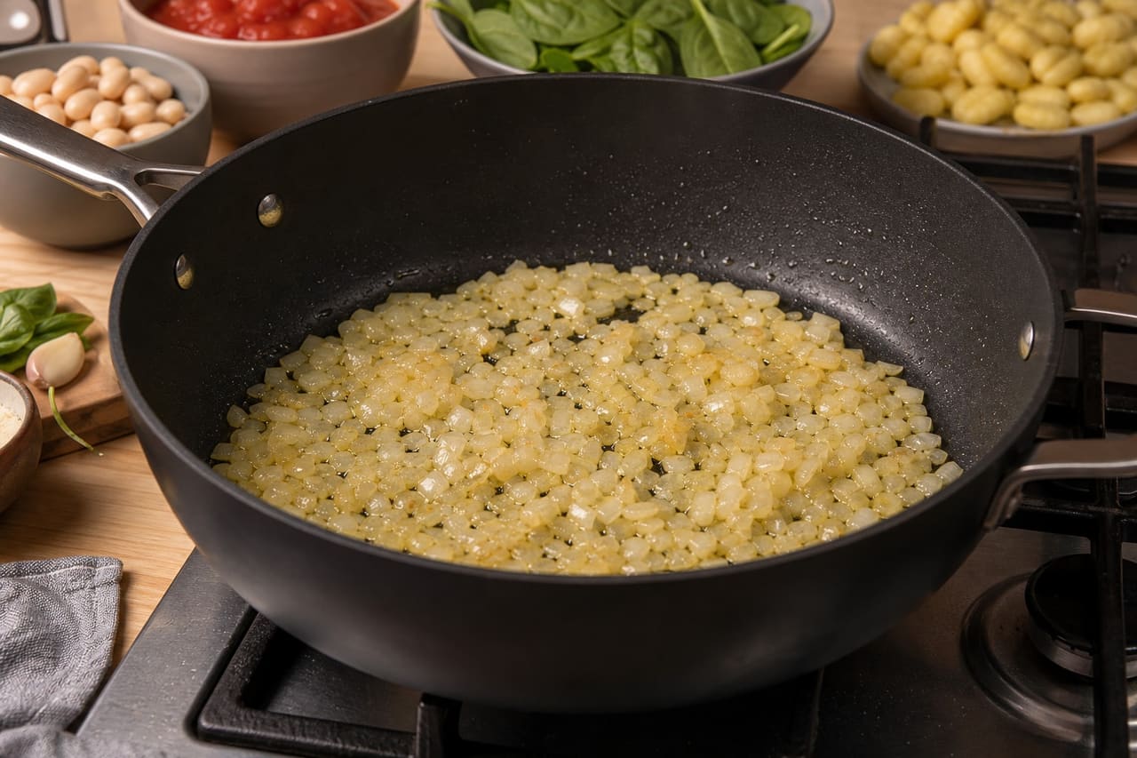 Creamy Tomato Butter Bean Gnocchi with Spinach and Basil cooking step 2: Soften the onion.