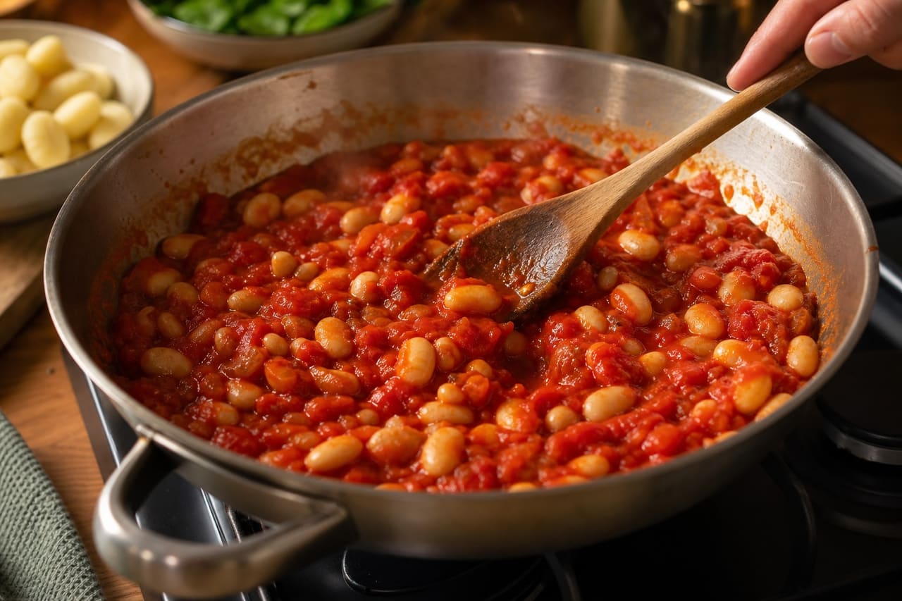 Creamy Tomato Butter Bean Gnocchi with Spinach and Basil cooking step 3: Cook the tomato sauce.
