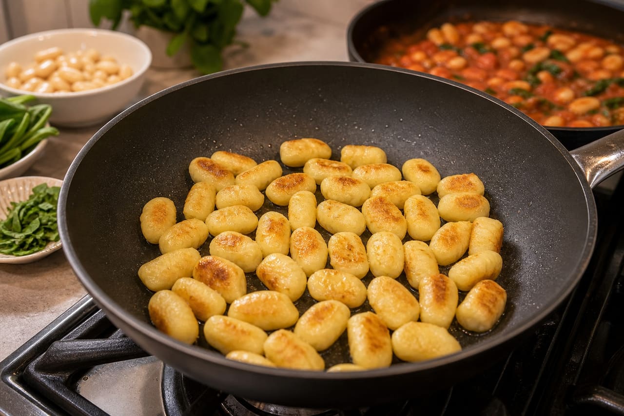 Creamy Tomato Butter Bean Gnocchi with Spinach and Basil cooking step 4: Brown the gnocchi.