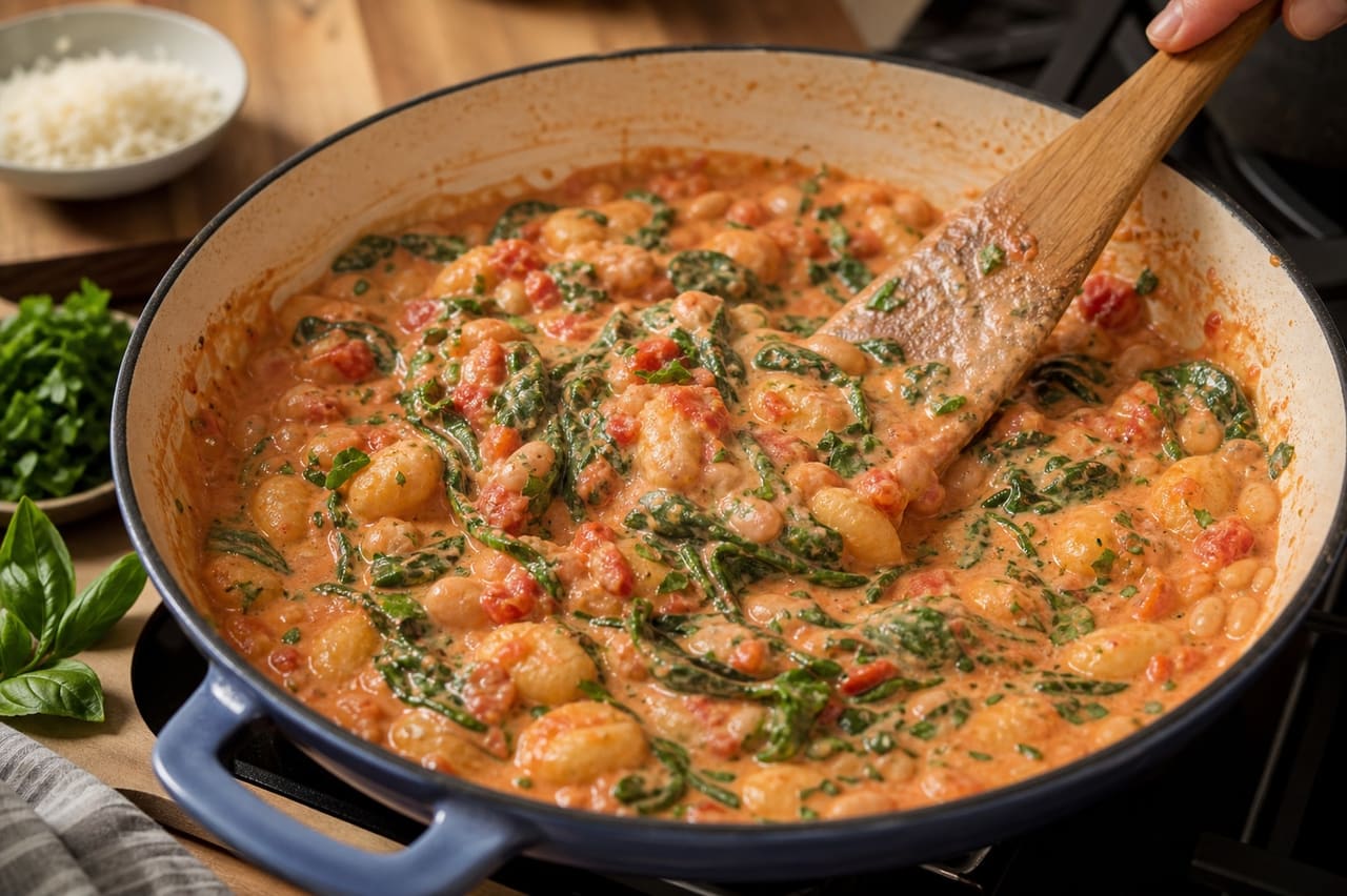 Creamy Tomato Butter Bean Gnocchi with Spinach and Basil cooking step 5: Wilt the spinach.