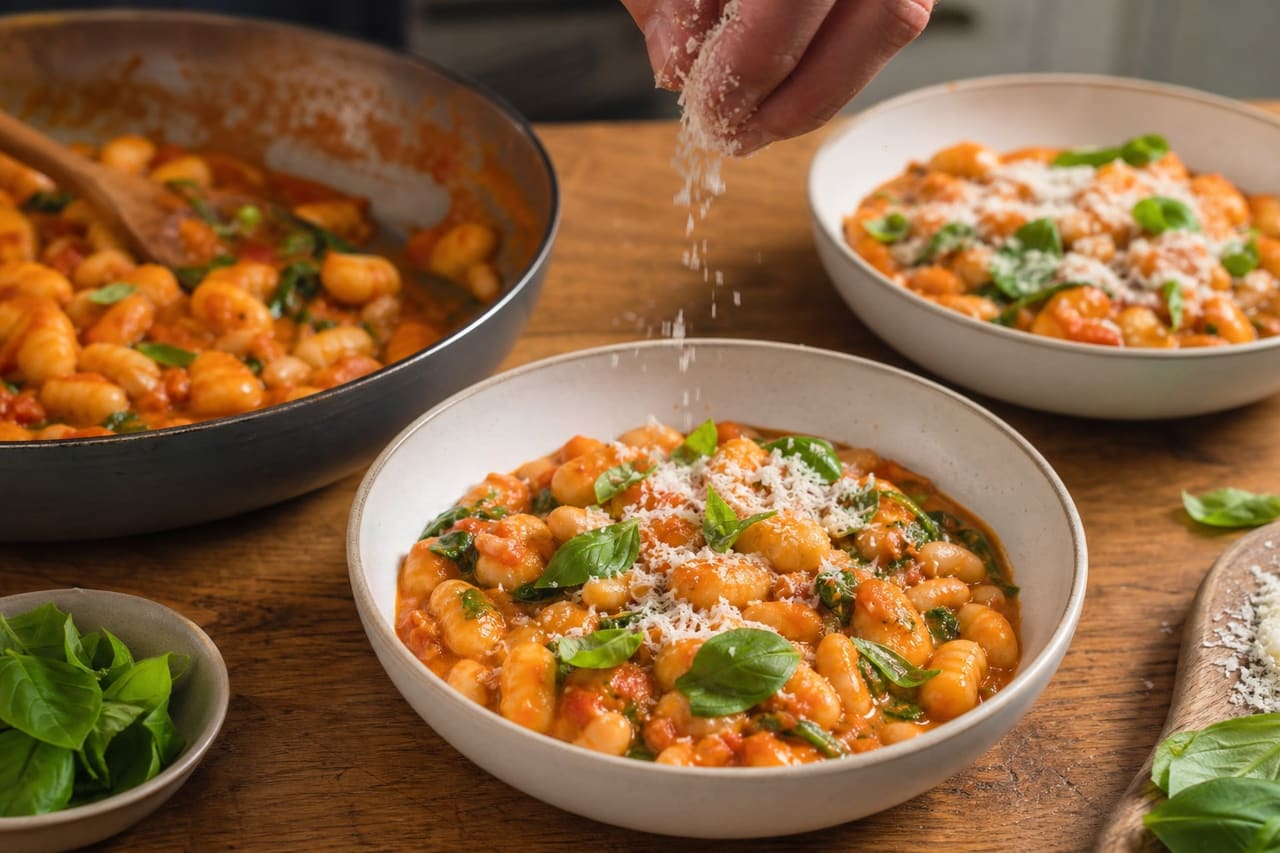 Creamy Tomato Butter Bean Gnocchi with Spinach and Basil cooking step 6: Finish and serve.