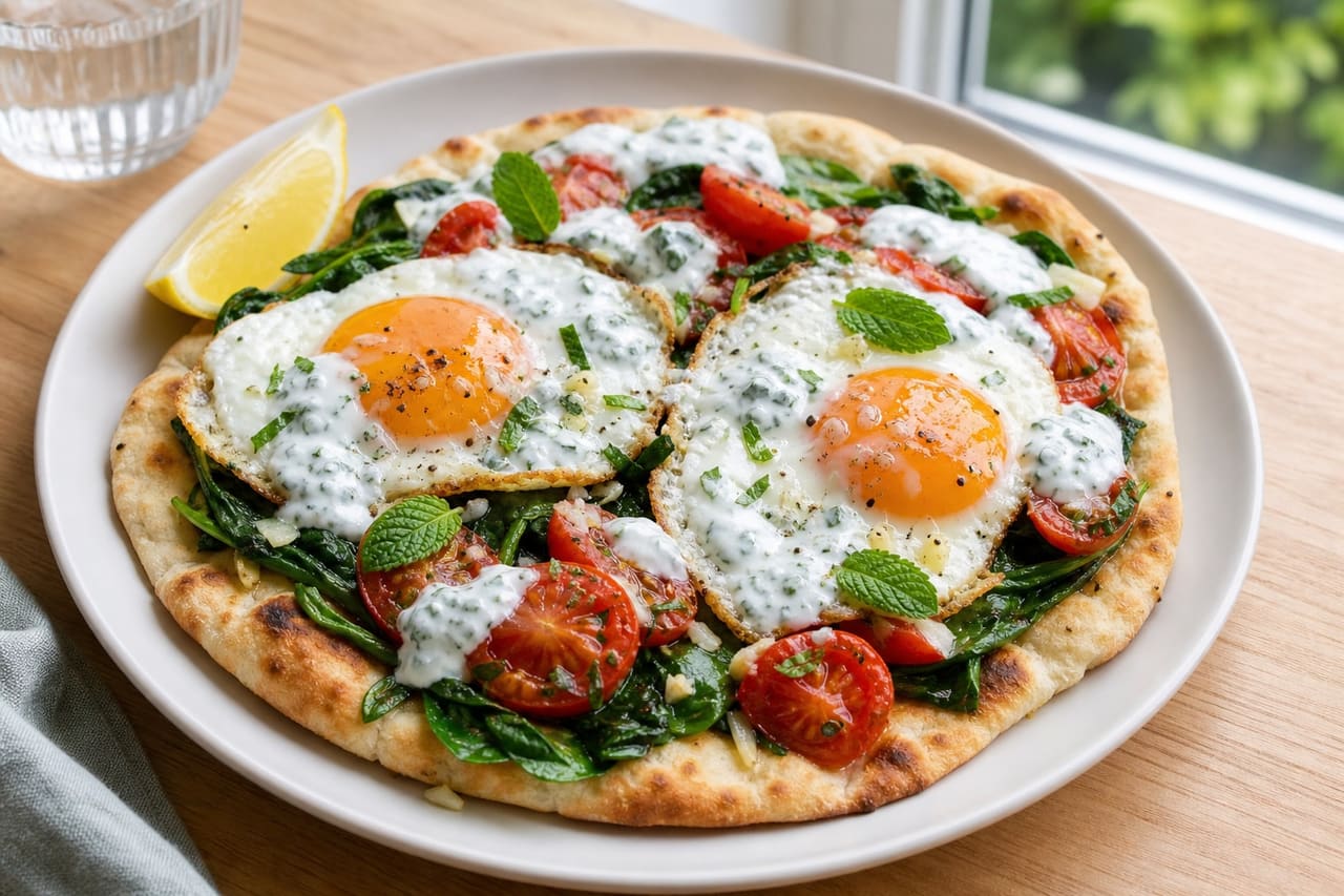 Crispy Spinach Egg Breakfast Flatbreads with Tomato and Mint Yoghurt.