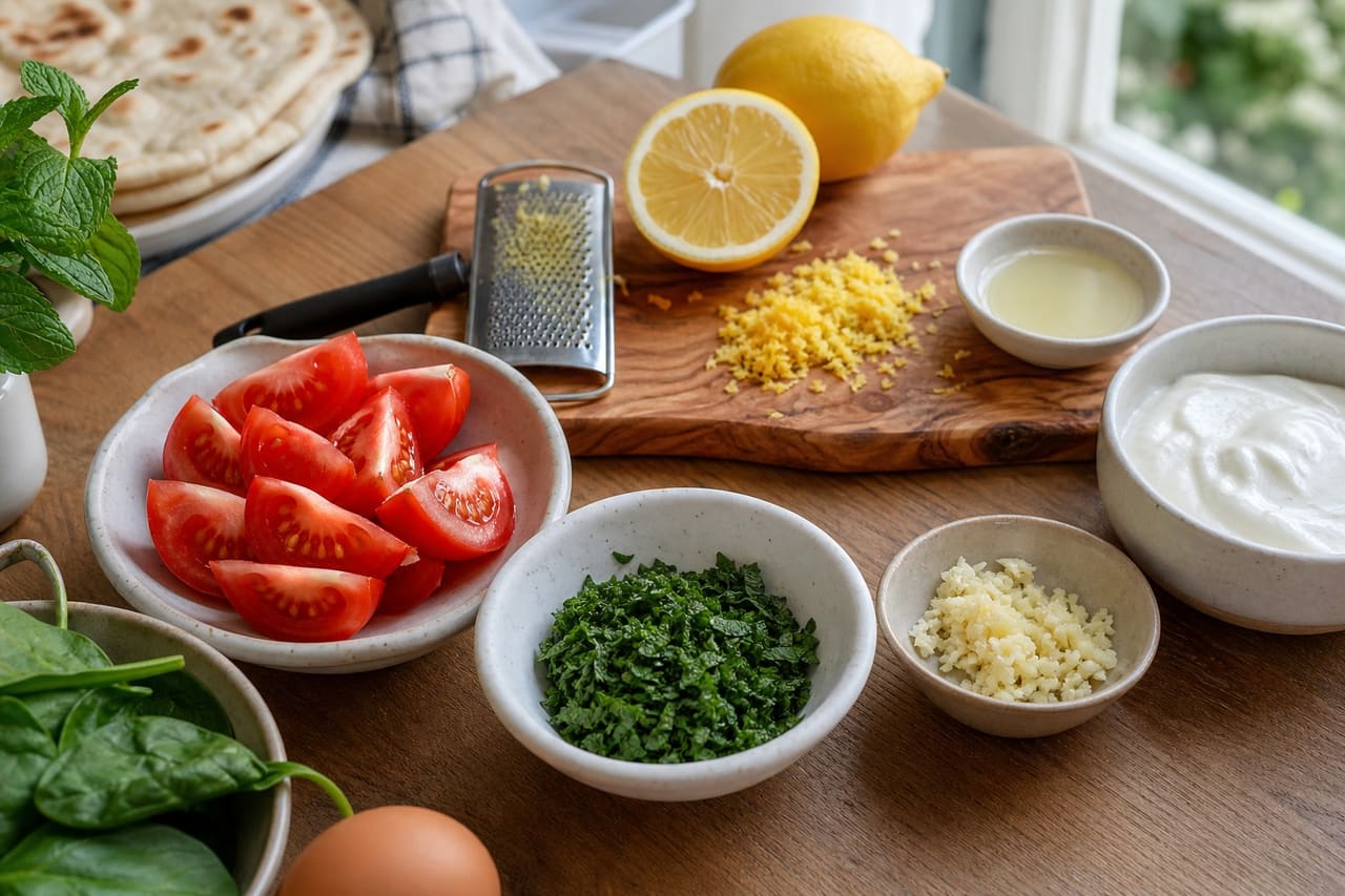 Crispy Spinach Egg Breakfast Flatbreads with Tomato and Mint Yoghurt cooking guide image for prepare the toppings.