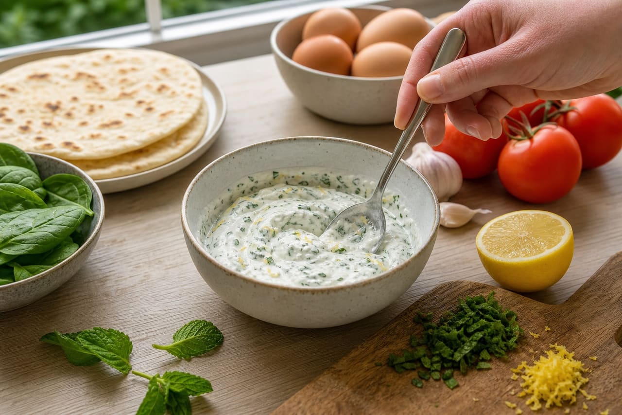 Crispy Spinach Egg Breakfast Flatbreads with Tomato and Mint Yoghurt cooking guide image for mix the mint yoghurt.