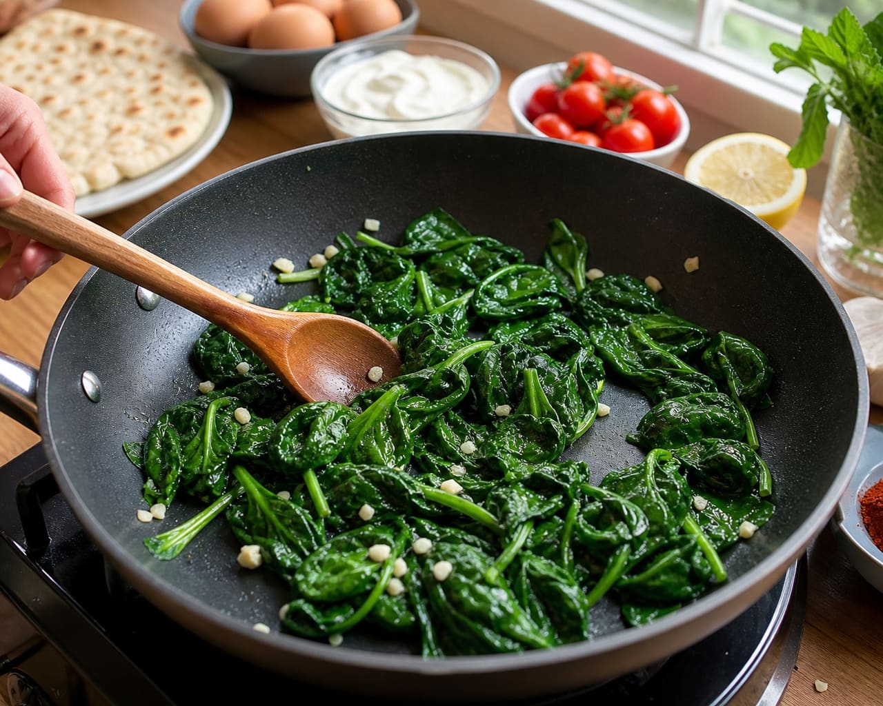 Crispy Spinach Egg Breakfast Flatbreads with Tomato and Mint Yoghurt cooking guide image for wilt the spinach.