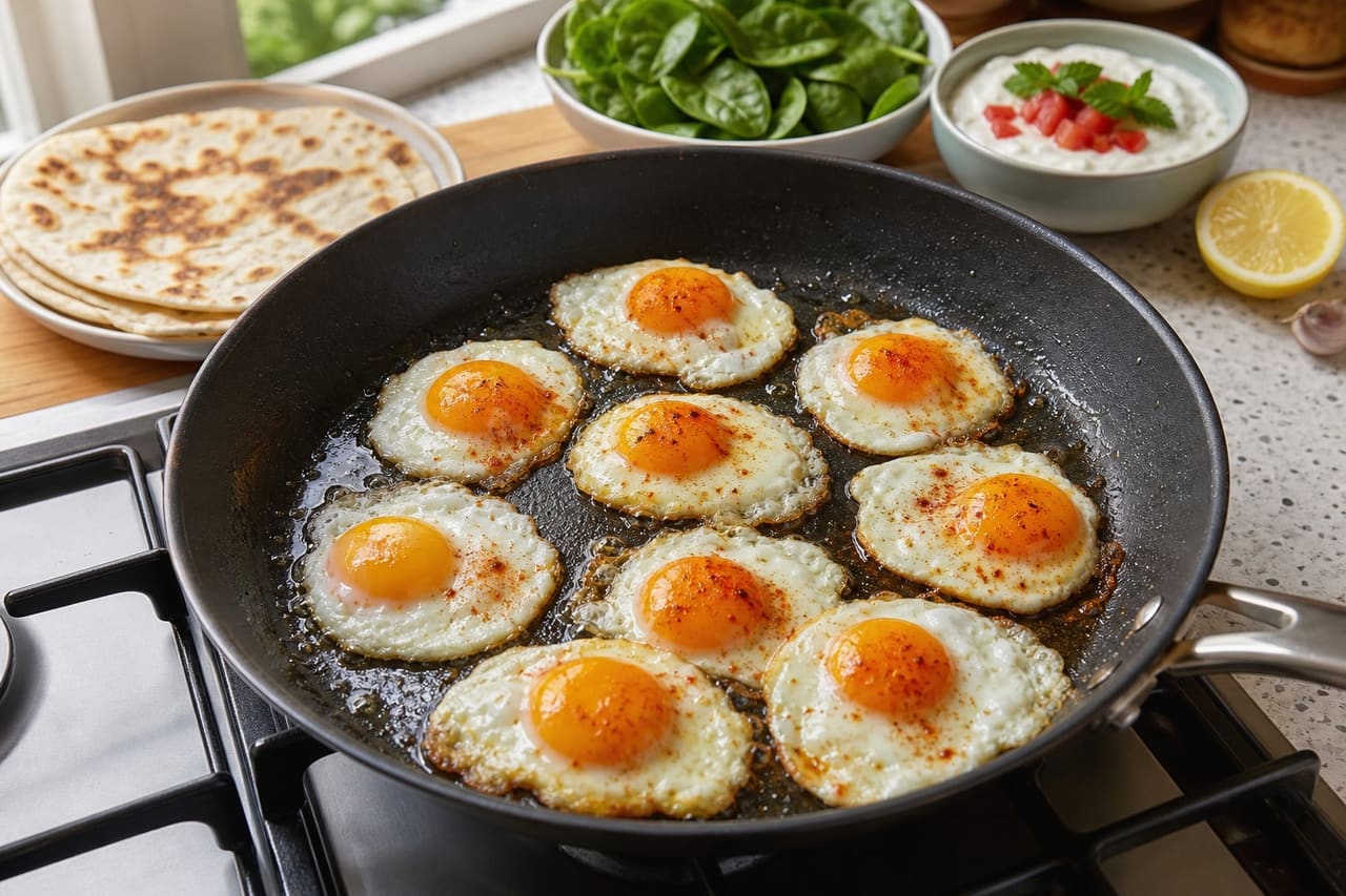 Crispy Spinach Egg Breakfast Flatbreads with Tomato and Mint Yoghurt cooking guide image for fry the eggs.