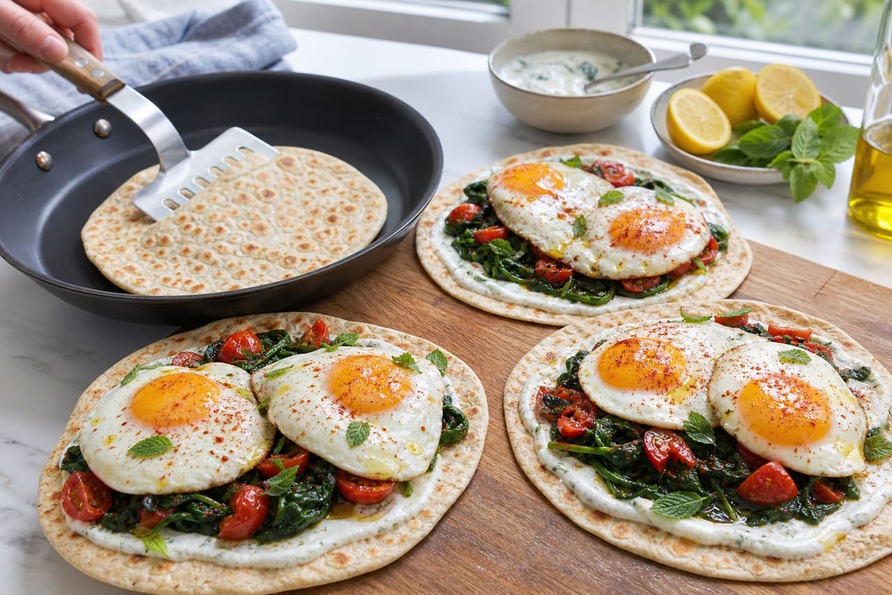 Crispy Spinach Egg Breakfast Flatbreads with Tomato and Mint Yoghurt cooking guide image for warm and assemble.
