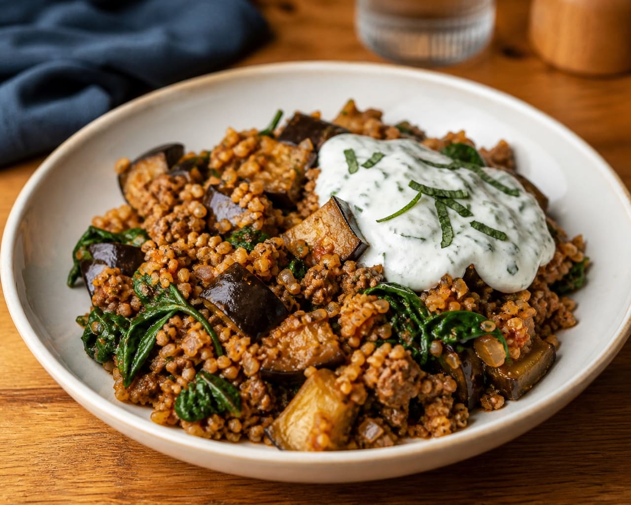 Fragrant Lamb Aubergine Bulgur Pilaf with Minted Yoghurt.