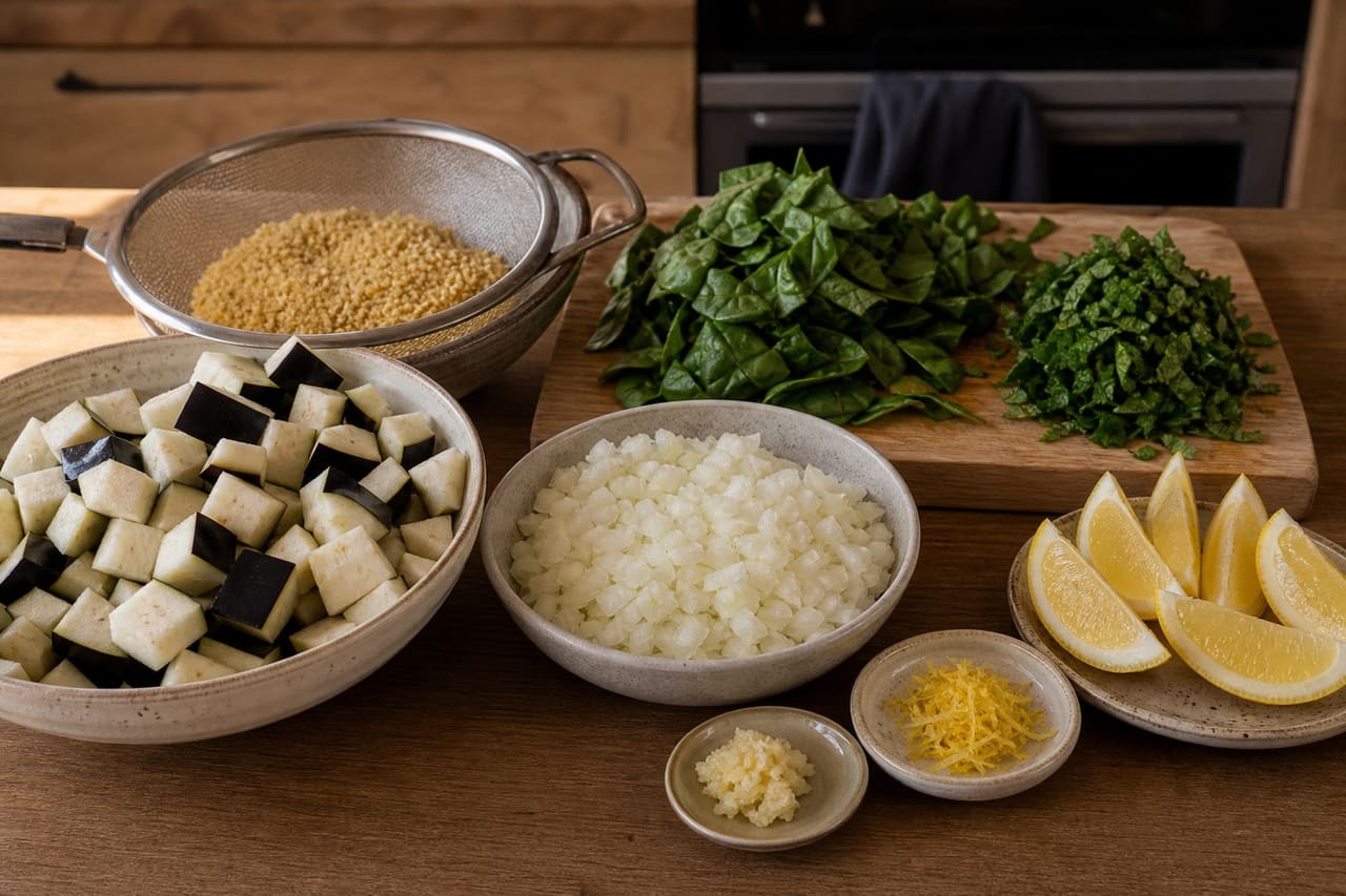 Fragrant Lamb Aubergine Bulgur Pilaf with Minted Yoghurt cooking step 1: Prepare the pilaf ingredients.
