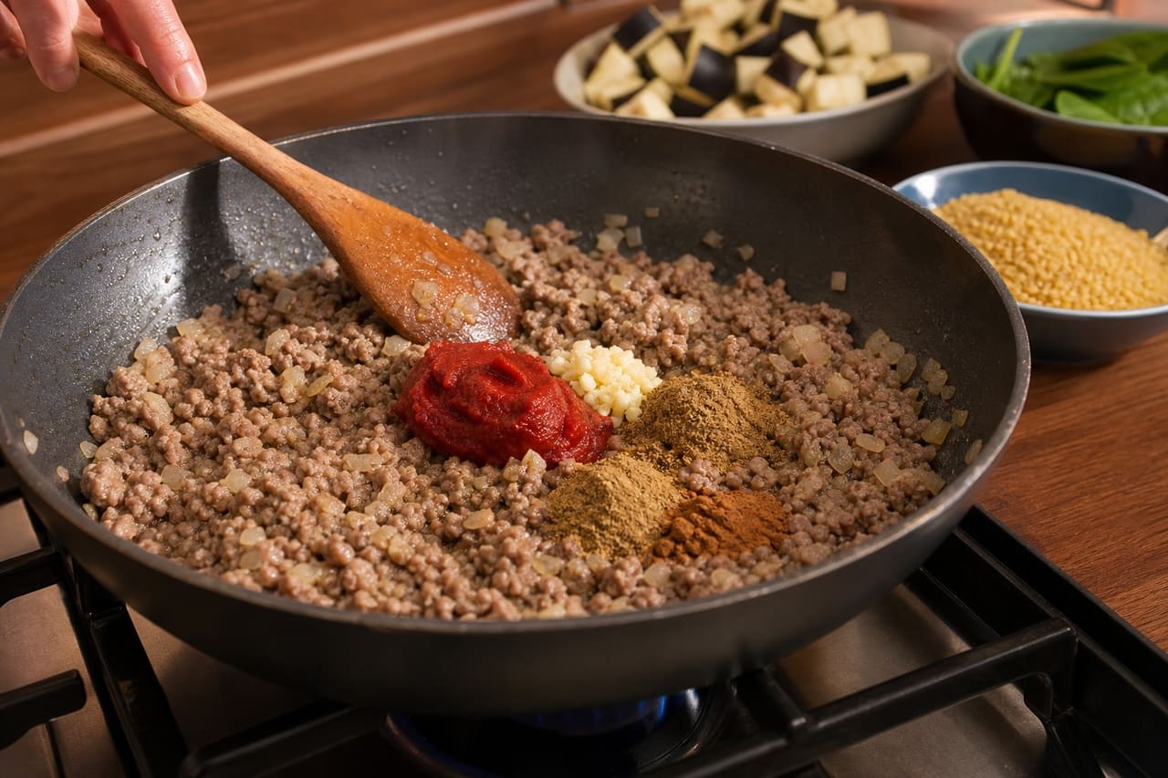 Fragrant Lamb Aubergine Bulgur Pilaf with Minted Yoghurt cooking step 4: Build the spice base.