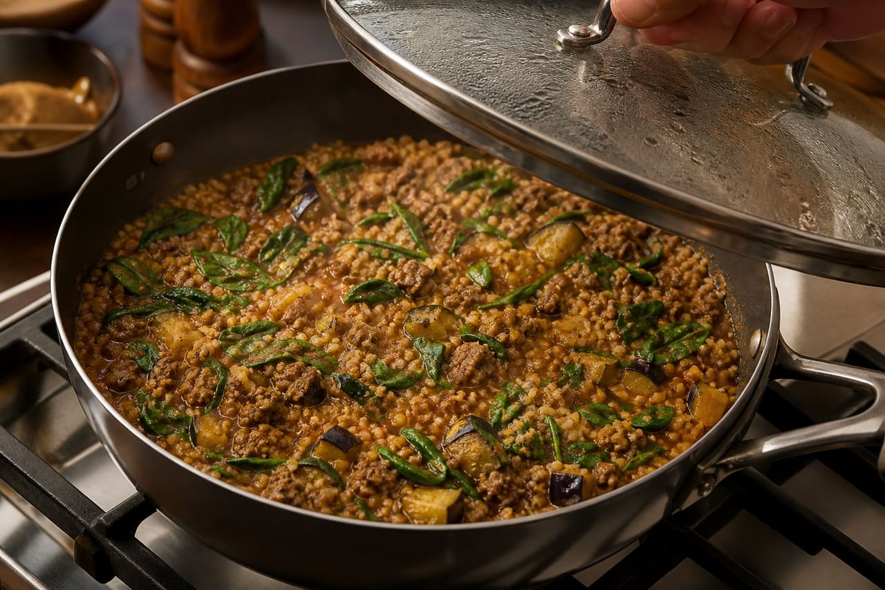 Fragrant Lamb Aubergine Bulgur Pilaf with Minted Yoghurt cooking step 5: Simmer the bulgur.