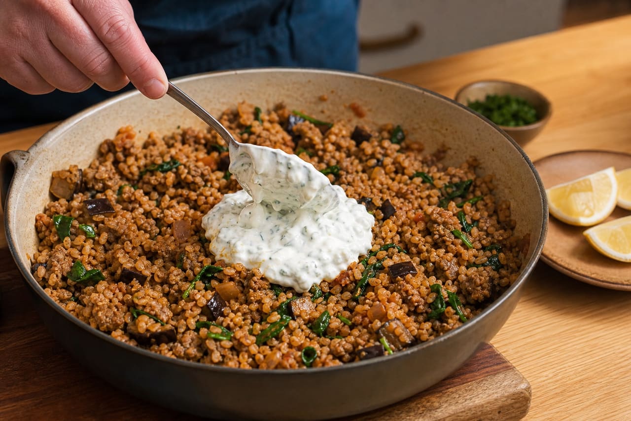 Fragrant Lamb Aubergine Bulgur Pilaf with Minted Yoghurt cooking step 6: Add the minted yoghurt.