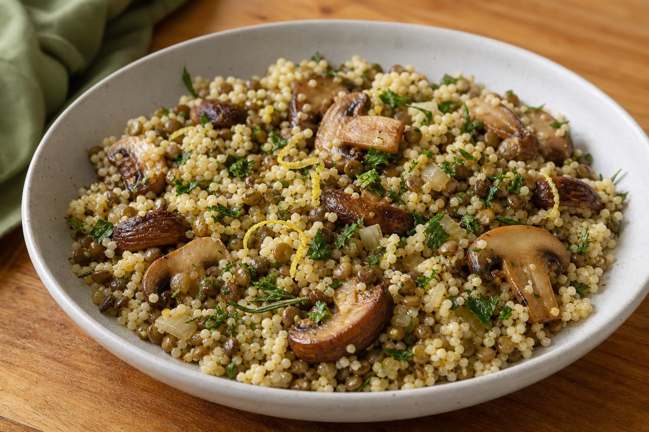 Garlicky Mushroom Lentil Couscous with Lemon Parsley.