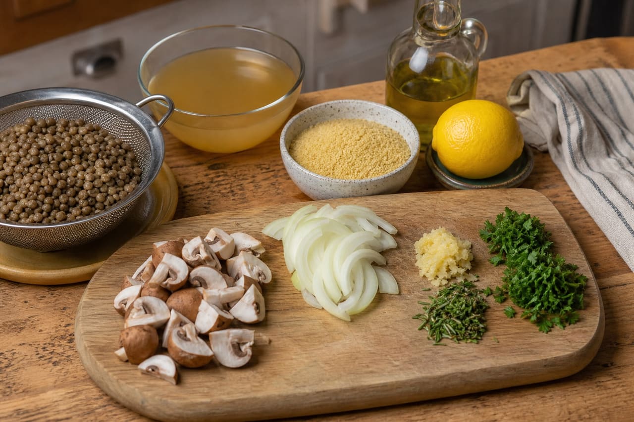 Garlicky Mushroom Lentil Couscous with Lemon Parsley cooking step 1: Prepare the ingredients.