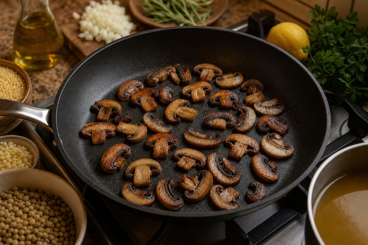Garlicky Mushroom Lentil Couscous with Lemon Parsley cooking step 2: Brown the mushrooms.