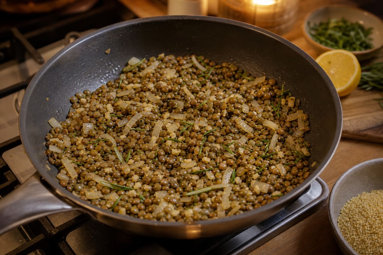 Garlicky Mushroom Lentil Couscous with Lemon Parsley cooking step 3: Cook the onions and lentils.