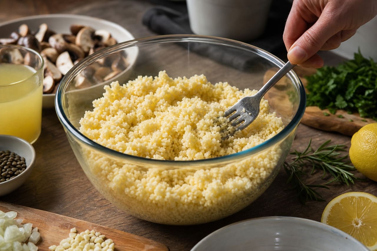Garlicky Mushroom Lentil Couscous with Lemon Parsley cooking step 4: Soak the couscous.