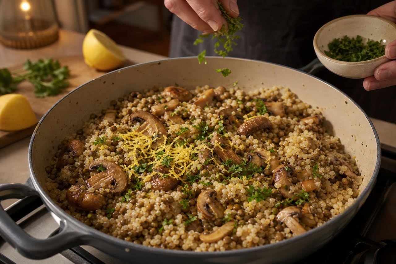 Garlicky Mushroom Lentil Couscous with Lemon Parsley cooking step 5: Season and brighten.