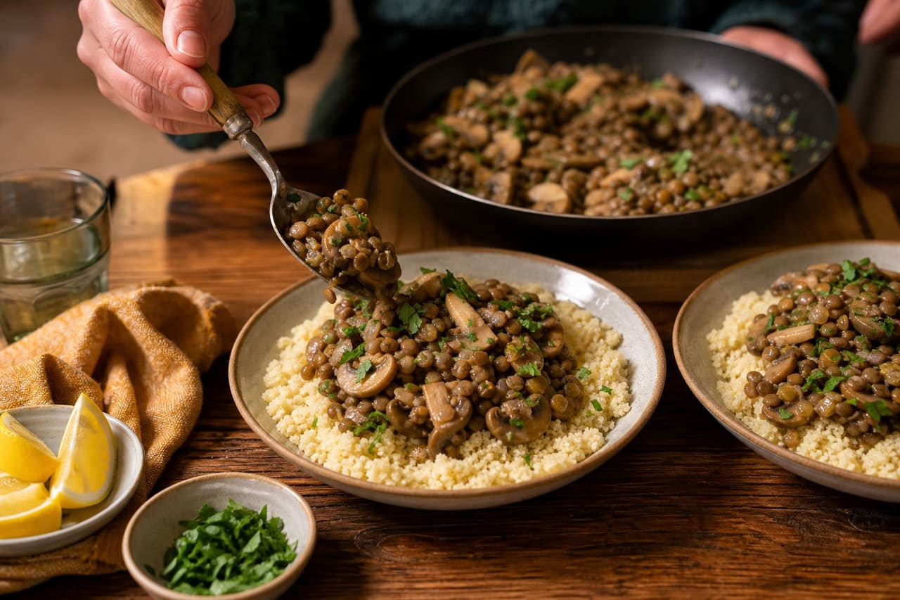 Garlicky Mushroom Lentil Couscous with Lemon Parsley cooking step 6: Spoon into bowls.