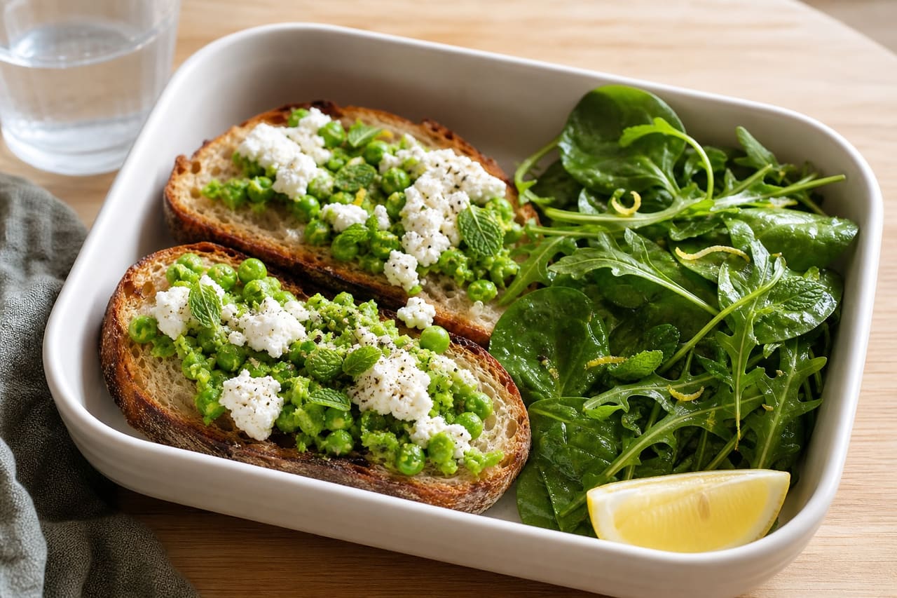 Goat's Cheese Pea Tartines with Lemon Herb Salad.